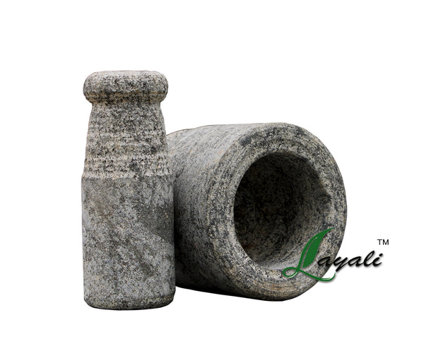 Layali Online Mortar and Pestle for Crushing or Grinding Spices/Idikallu-Ural-okkli Masher/Khalbatta-musal Small Size,Material : Stone. 2.5kg,4 inch Width,Color-Gray.